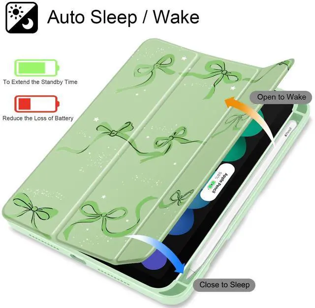 Alt view image 3 of 5 - May Chen Slim Case for iPad mini 7 (A17 Pro, 7th Generation) 2024 / iPad mini 6 (6th Gen) 8.3 Inch, [Built-in Pencil Holder] Shockproof Cover Clear Clear Back Shell Auto Wake/Sleep, Green Stars Bow