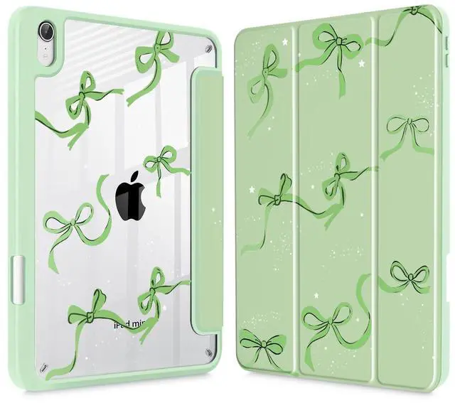 Main image of May Chen Slim Case for iPad mini 7 (A17 Pro, 7th Generation) 2024 / iPad mini 6 (6th Gen) 8.3 Inch, [Built-in Pencil Holder] Shockproof Cover Clear Clear Back Shell Auto Wake/Sleep, Green Stars Bow