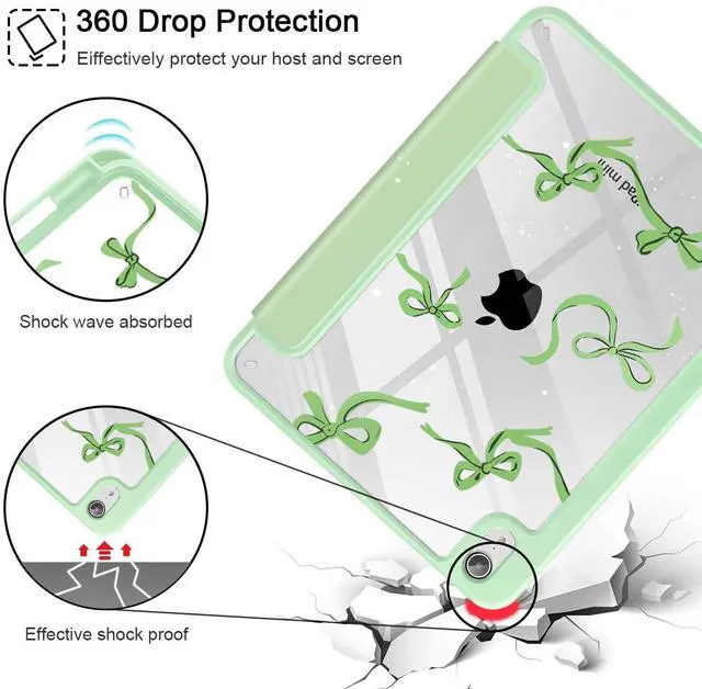 Alt view image 5 of 5 - May Chen Slim Case for iPad mini 7 (A17 Pro, 7th Generation) 2024 / iPad mini 6 (6th Gen) 8.3 Inch, [Built-in Pencil Holder] Shockproof Cover Clear Clear Back Shell Auto Wake/Sleep, Green Stars Bow