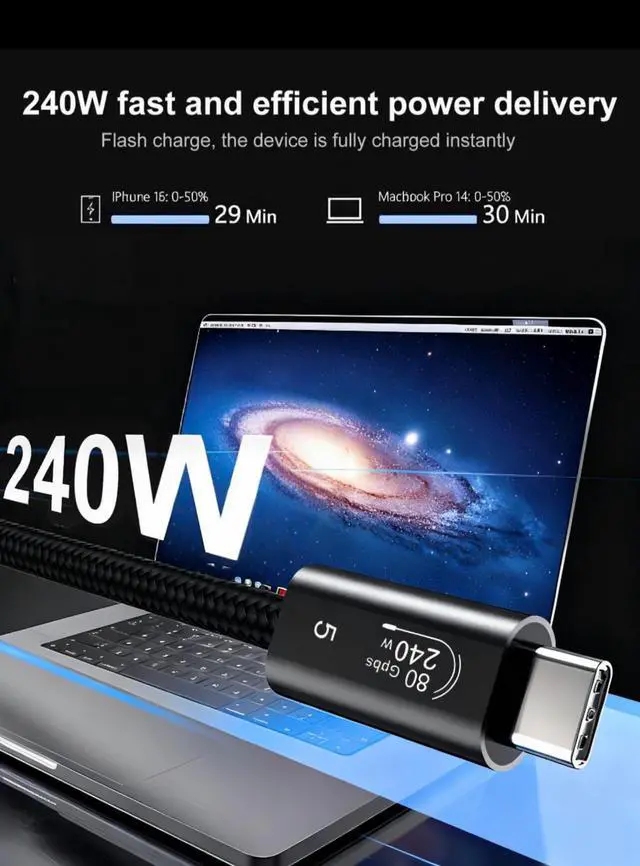 Alt view image 4 of 5 - The upgraded 80Gbps USB 4 Cable for Thunderbolt 5 Cable, 240W Charging and 16K/8K Displays, 3.3ft USB- C to USB C Cable, Compatible With USB 4,Thunderbolt 4/3, iphone16/17,ipad pro,MacBook pro/Air