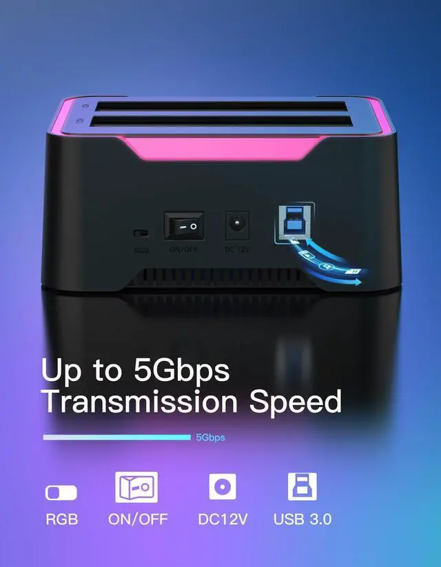 Alt view image 4 of 5 - Inateck RGB SATA to USB 3.0 Hard Drive Docking Station with Offline Clone, for 2.5 and 3.5 Inch SATA HDD and SSD, Supports UASP, SA02004 Black