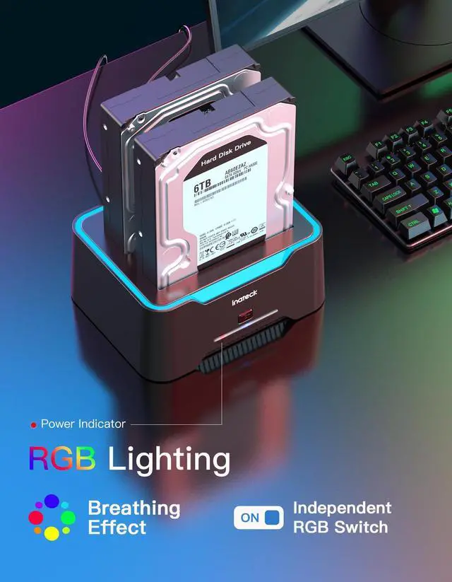 Alt view image 2 of 5 - Inateck RGB SATA to USB 3.0 Hard Drive Docking Station with Offline Clone, for 2.5 and 3.5 Inch SATA HDD and SSD, Supports UASP, SA02004 Black