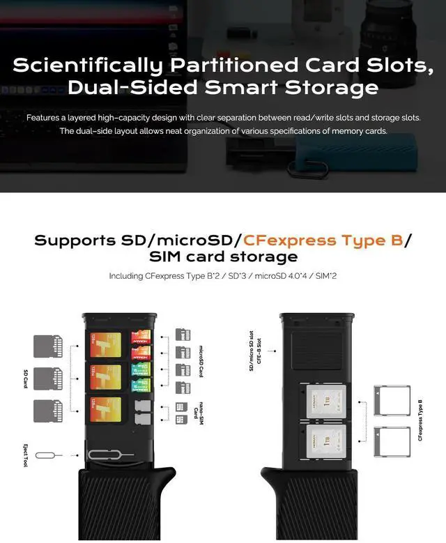 Alt view image 5 of 5 - CFexpress Type B Card Reader, Card Case & Card Holder for CF B Card & SD & Micro SD Card,USB3.2 Gen2 10Gbps, Read 3 Cards Simultaneously, Aluminum Card Adapter (Blue, CFexpress Type B)