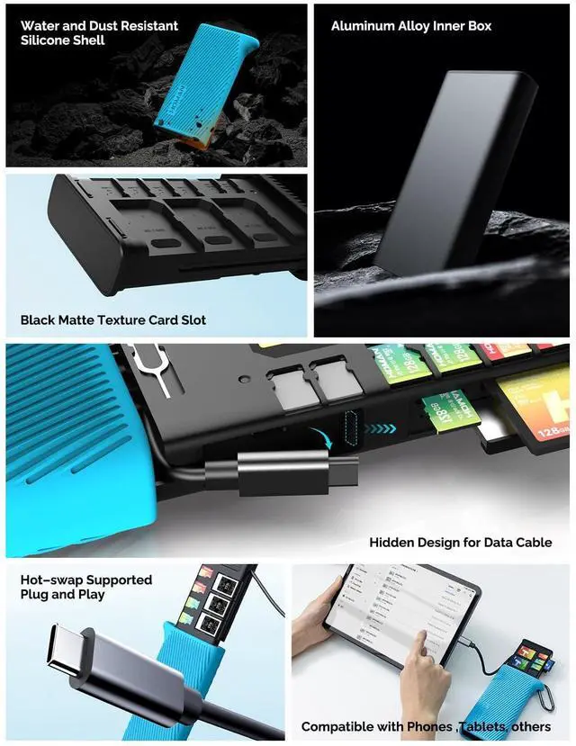 Alt view image 4 of 5 - CFexpress Type B Card Reader, Card Case & Card Holder for CF B Card & SD & Micro SD Card,USB3.2 Gen2 10Gbps, Read 3 Cards Simultaneously, Aluminum Card Adapter (Blue, CFexpress Type B)