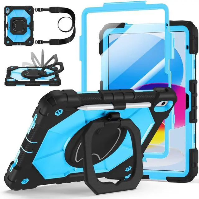 Main image of Case for iPad A16 11th Generation 11 Inch 2025, Auorld for iPad 10th Generation 10.9 inch 2022 case with Screen Protector, 360 Degree Rotating Stand Shoulder Strap Pencil Holder, Black Blue