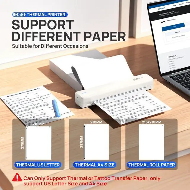 Alt view image 3 of 5 - POLONO Portable Printer Wireless for Travel, D810 Bluetooth Thermal Printer Support for 8.5"x11" US Letter, Beige