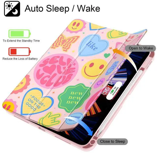 Alt view image 3 of 5 - May Chen Case for iPad Air 13 Inch (M3) 2025, (M2) 2024 - [Built-in Pencil Holder] Shockproof Cover with Clear Transparent Back Shell, Auto Sleep/Wake Cover, Smile Art