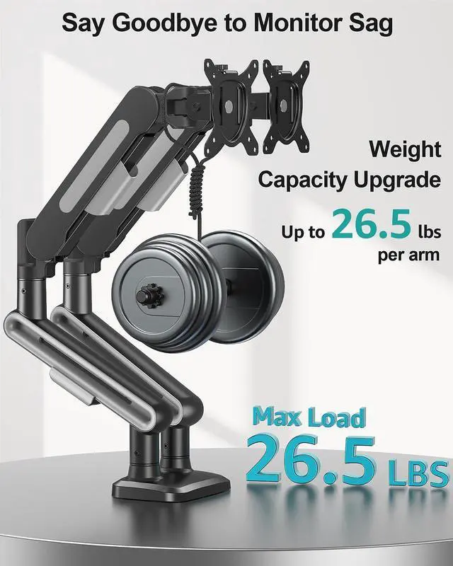Alt view image 3 of 5 - MOUNT PRO Dual Monitor Desk Mount, Pneumatic Monitor Arms for 2 Monitors Max 39 Inches, Adjustable Dual Computer Monitor Stand Each Arm Holds up to 26.5lbs, VESA Mount with C Clamp & Grommet Base