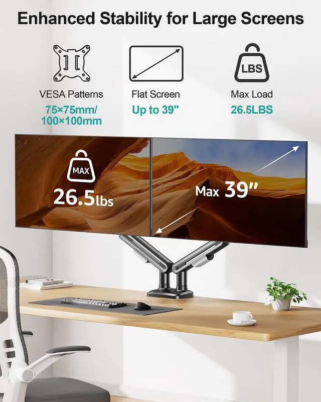 Alt view image 2 of 5 - MOUNT PRO Dual Monitor Desk Mount, Pneumatic Monitor Arms for 2 Monitors Max 39 Inches, Adjustable Dual Computer Monitor Stand Each Arm Holds up to 26.5lbs, VESA Mount with C Clamp & Grommet Base