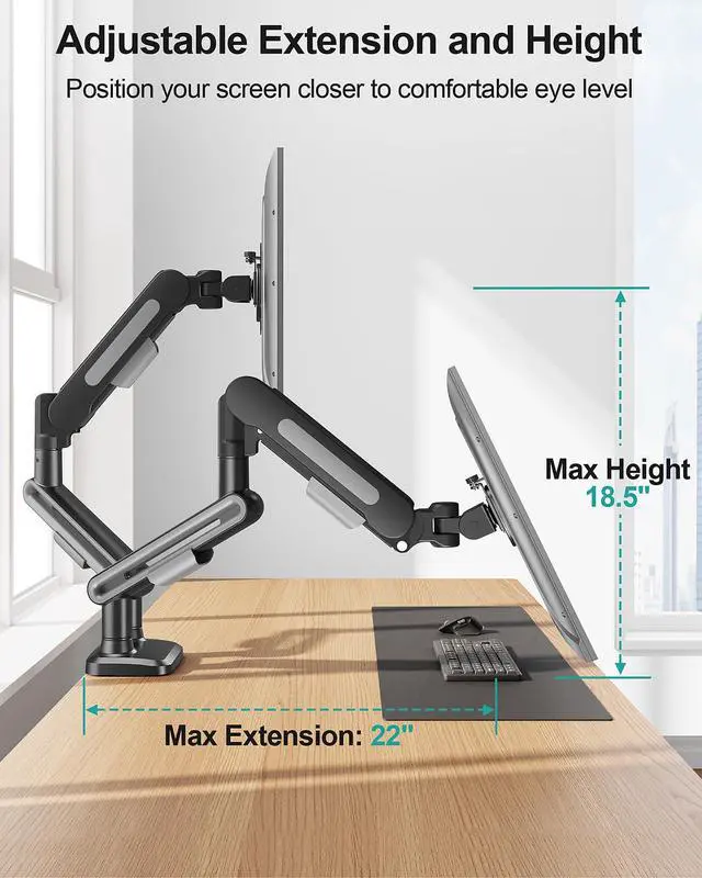 Alt view image 4 of 5 - MOUNT PRO Dual Monitor Desk Mount, Pneumatic Monitor Arms for 2 Monitors Max 39 Inches, Adjustable Dual Computer Monitor Stand Each Arm Holds up to 26.5lbs, VESA Mount with C Clamp & Grommet Base