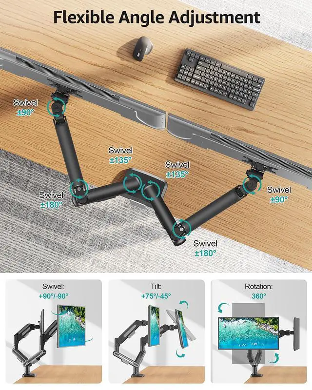 Alt view image 5 of 5 - MOUNT PRO Dual Monitor Desk Mount, Pneumatic Monitor Arms for 2 Monitors Max 39 Inches, Adjustable Dual Computer Monitor Stand Each Arm Holds up to 26.5lbs, VESA Mount with C Clamp & Grommet Base