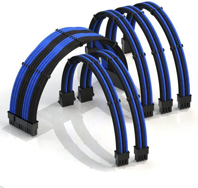 Main image of LINKUP - 30cm Super Soft and Flexible PSU Cable Extension Sleeved Custom Mod GPU PC Braided w/Comb Kit - Compatible with RTX30901x24 P (20+4)2x8 P (4+4) CPU3x8 P (6+2) GPU Set300mm - BlackBlue