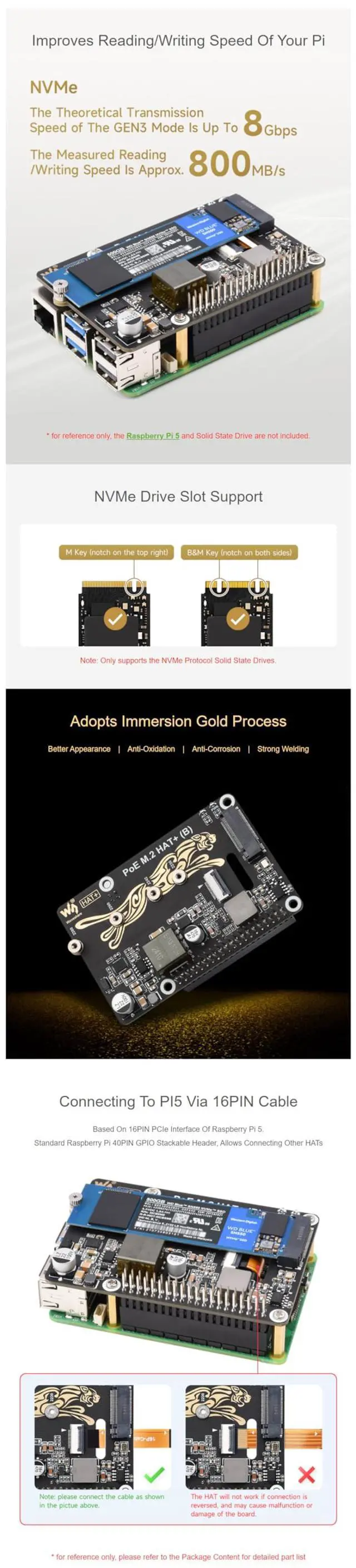 Alt view image 4 of 5 - PCIe to M.2 Adapter with PoE Function (B) for Raspberry Pi 5, Supports NVMe M.2 SSD (2230/2242/2260/2280), High-Speed Reading/Writing, IEEE 802.3af/at PoE HAT with Dual LED Indicators
