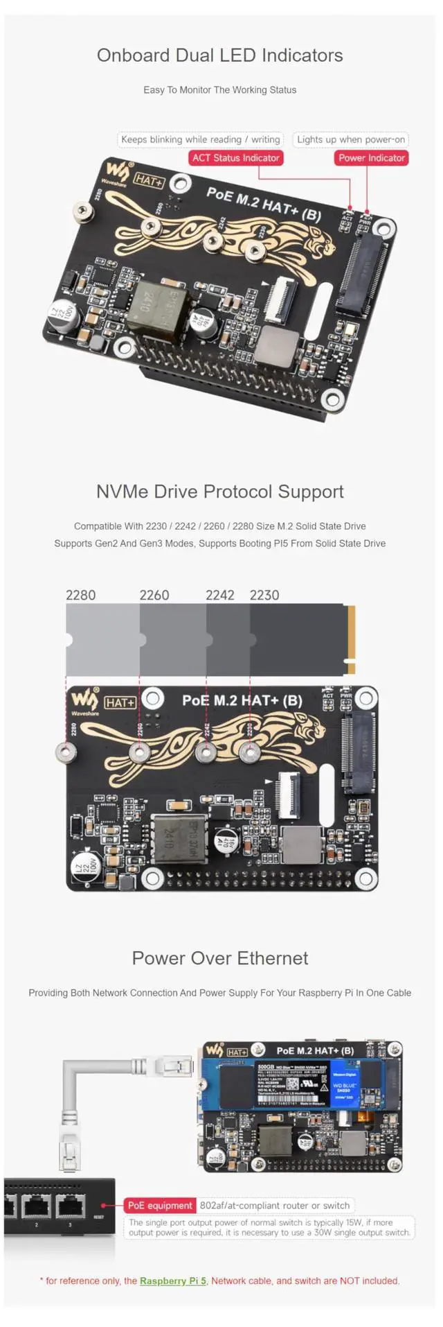 Alt view image 5 of 5 - PCIe to M.2 Adapter with PoE Function (B) for Raspberry Pi 5, Supports NVMe M.2 SSD (2230/2242/2260/2280), High-Speed Reading/Writing, IEEE 802.3af/at PoE HAT with Dual LED Indicators