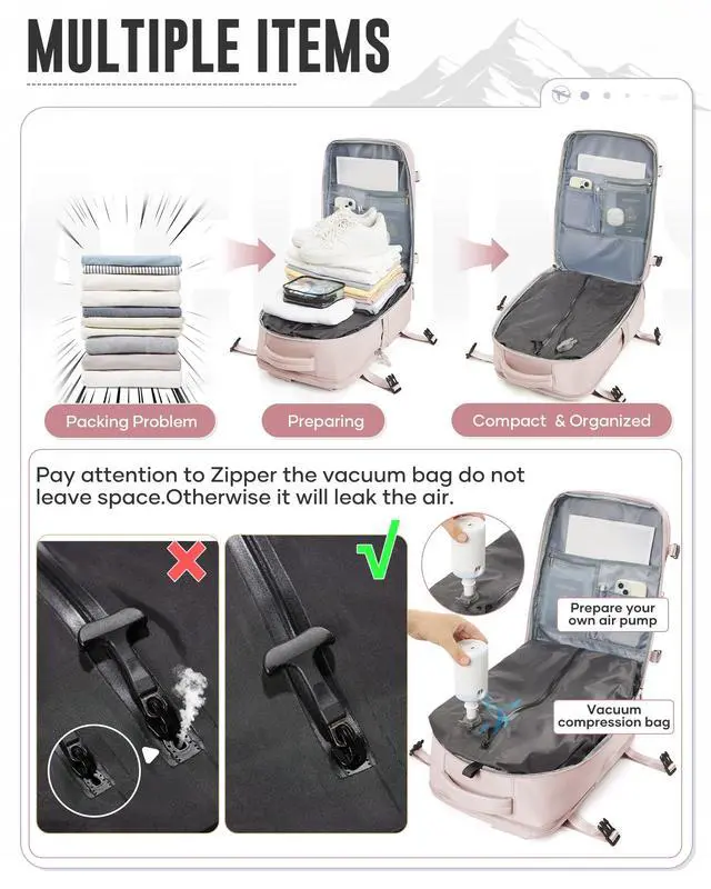 Alt view image 3 of 5 - Vacuum Backpack with Pump for Women Men, Compression Backpack for Travel, Vacpack for School Business Trip, Lightweight Airback Backpacks with Vacuum Seal, Carry On Bag for Airport(Pink Large)