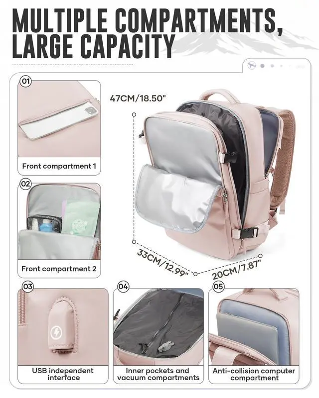 Alt view image 2 of 5 - Vacuum Backpack with Pump for Women Men, Compression Backpack for Travel, Vacpack for School Business Trip, Lightweight Airback Backpacks with Vacuum Seal, Carry On Bag for Airport(Pink Large)