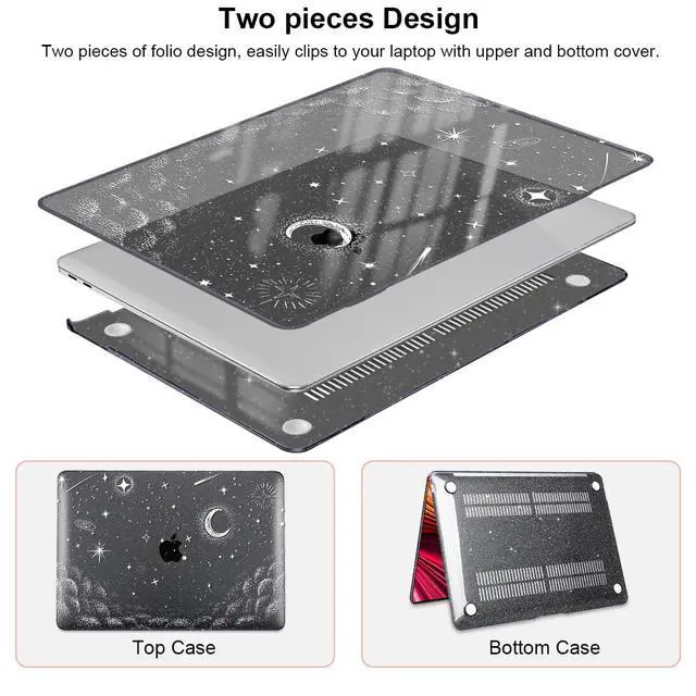 Alt view image 4 of 5 - LCMOCICO for MacBook Air 13 inch Case 2021 2020 2019 2018 Release M1 A2337 A2179 A1932, Glitter Crystal Black Pritned Pattern Plastic Hard Case Cover for Mac Air 13.3" M1 Touch ID, Stars & Moon