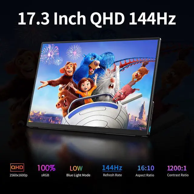 Alt view image 2 of 5 - VOKENSU Portable Monitor, 17.3 inch 2K 144Hz 2560x1440p QHD Gaming HDR FreeSync, Ultra Slim Travel Monitor with Kickstand & Speakers, External Monitors for Laptop, Mac, Xbox, PS5/4