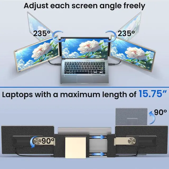 Alt view image 5 of 5 - AOKER Triple Laptop Screen Extender - 15.6" Monitor IPS FHD 1080P Detachable Portable Display for 13"-17.4" Laptops Compatible with Compatible with Windows Mac Chrome Surface Travel Work Setup