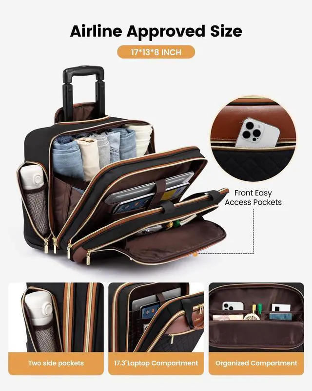 Alt view image 3 of 5 - LOVEVOOK Rolling Laptop Bag Women, 17.3 Inch Laptop Briefcase with Wheels for Work Travel Business, Underseat Carry On Luggage Case,Black