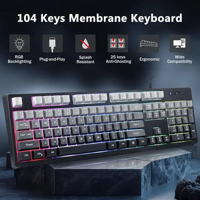 Alt view image 2 of 5 - HUO JI Wired Gaming Keyboard with RGB LED Backlit, Floating Keys, Membrane with Mechanical Feeling, Spill Resistant, Ergonomic for Xbox, PS Series, Desktop, Computer, PC, Gradient Gray