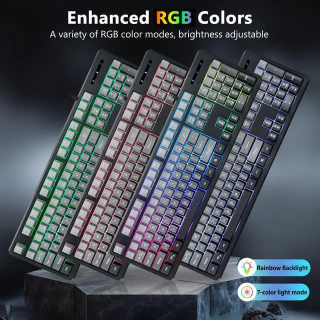 Alt view image 3 of 5 - HUO JI Wired Gaming Keyboard with RGB LED Backlit, Floating Keys, Membrane with Mechanical Feeling, Spill Resistant, Ergonomic for Xbox, PS Series, Desktop, Computer, PC, Gradient Gray