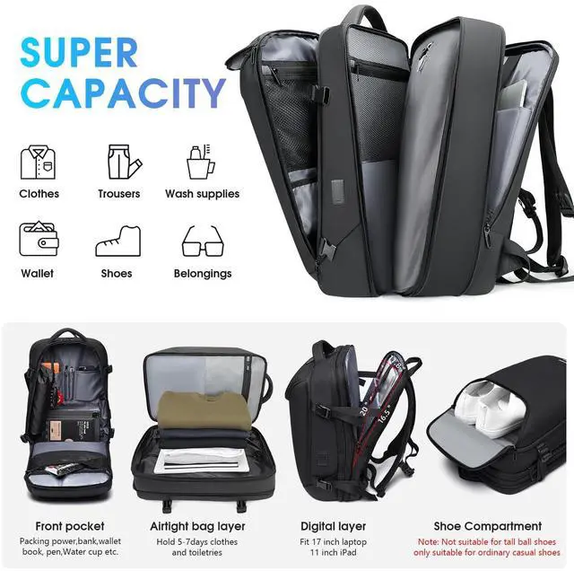 Alt view image 2 of 5 - TANGCORLE Vacuum Backpack Travel with Pump, 40L Expandable Carry on Compression Backpack Flight Approved for Women Men Fit 17 Inch Laptop with USB Charging Port Business Weekender