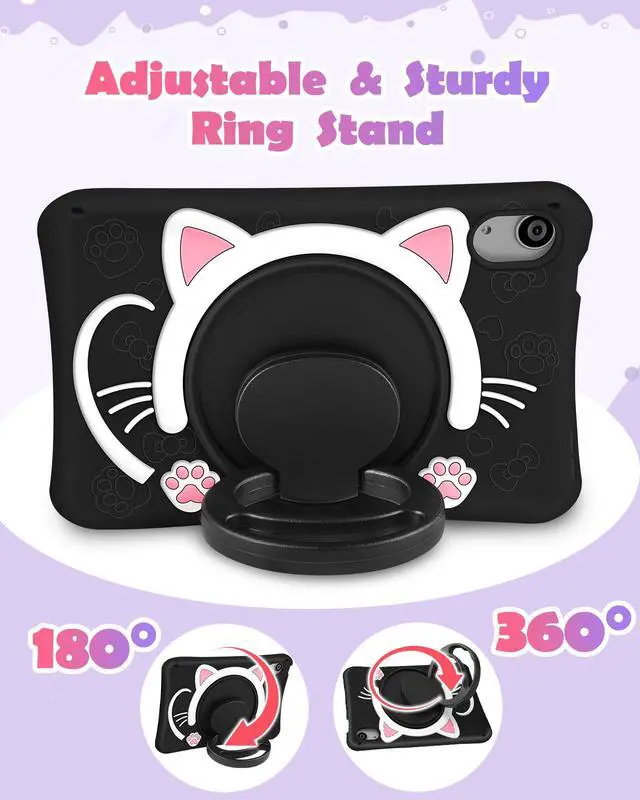 Alt view image 4 of 5 - Wazzasoft for iPad mini 7 A17 Pro 2024, for iPad mini 6 Case 8.3 Inch Girls Cute Black Cat Cover Girly Kawaii Women with Rotating Stand & Strap Soft Silicone Funda for iPad mini 7th/6th Gen Cases