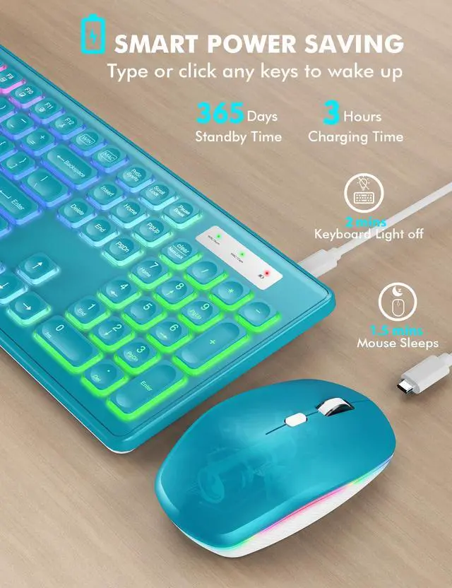Alt view image 3 of 5 - Wireless Keyboard and Mouse Combo, RGB Backlit, Rechargeable & Light Up Letters, Full-Size, Soft Typing, Sleep Mode, 2.4GHz Quiet Keyboard Set for Mac, Windows, Laptop, PC, Trueque (Metallic Blue)