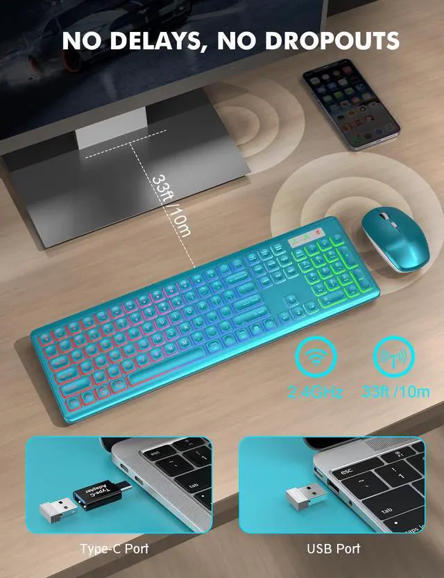 Alt view image 4 of 5 - Wireless Keyboard and Mouse Combo, RGB Backlit, Rechargeable & Light Up Letters, Full-Size, Soft Typing, Sleep Mode, 2.4GHz Quiet Keyboard Set for Mac, Windows, Laptop, PC, Trueque (Metallic Blue)