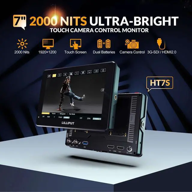 Alt view image 2 of 5 - Lilliput HT7S 7 Inch Camera Field Monitor,Urtra Bright 2000 Nits 1920 * 1080 Touch Screen Director AC Monitor with 3G-SDI&HDMI Input/Output and Two Battery Slot