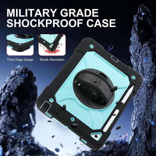 Alt view image 2 of 5 - for iPad 6th Generation/iPad 5th Gen/iPad Air 2/iPad Pro 9.7" Case with Cute Key Chain, Rugged Protective Case with Rotating Stand & Shoulder Hand Strap for iPad 6th/5th/ Air 2 (Black+Aqua)