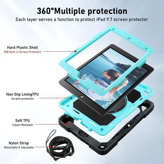 Alt view image 3 of 5 - for iPad 6th Generation/iPad 5th Gen/iPad Air 2/iPad Pro 9.7" Case with Cute Key Chain, Rugged Protective Case with Rotating Stand & Shoulder Hand Strap for iPad 6th/5th/ Air 2 (Black+Aqua)