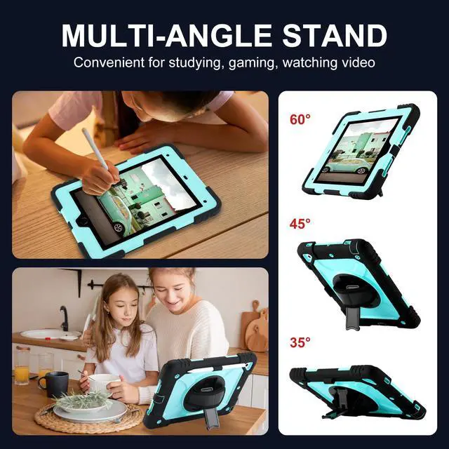 Alt view image 5 of 5 - for iPad 6th Generation/iPad 5th Gen/iPad Air 2/iPad Pro 9.7" Case with Cute Key Chain, Rugged Protective Case with Rotating Stand & Shoulder Hand Strap for iPad 6th/5th/ Air 2 (Black+Aqua)