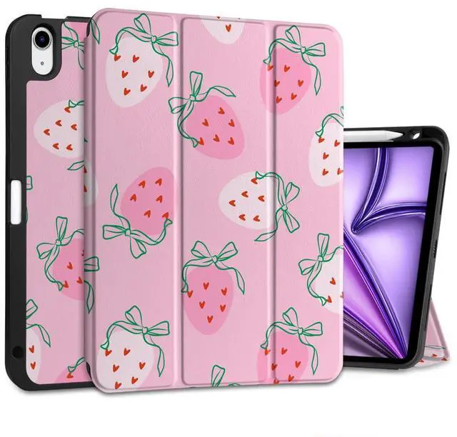 Main image of MEEgoodo Case for M3/M2 iPad Air 11 inch 2025/2024,Case for iPad Air 5th Generation/iPad Air 4th Generation 10.9 inch 2022 2020, Tablet Cover with Soft TPU Back Shell, Strawberry & Bow