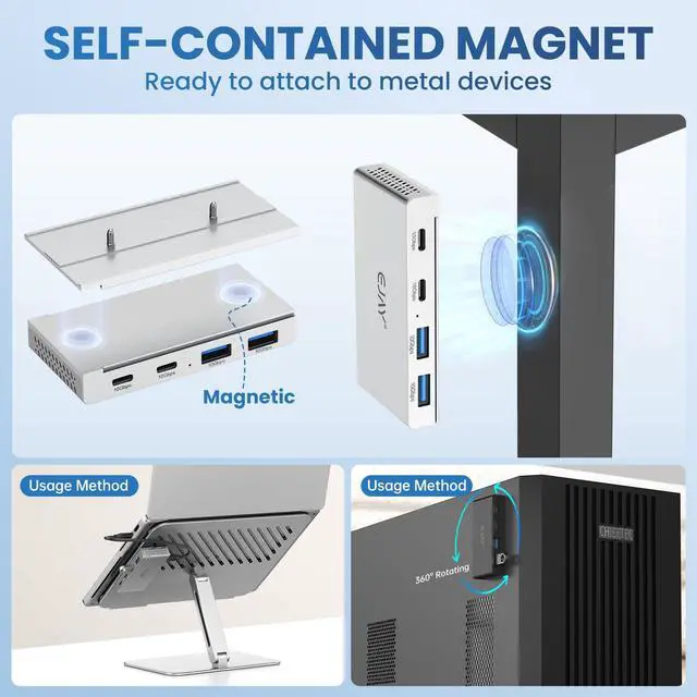 Alt view image 2 of 5 - EJAY 10Gbps Magnetic USB-C Hub, 4-Port USB 3.2 Gen2 Data Transfer, Includes Sliding Rail, Screws and Sticky Pads for MacBook Laptop PC, Silver