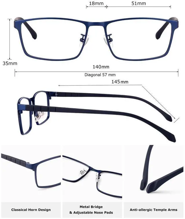 Alt view image 3 of 5 - ZanyLen Blue Light Blocking Glasses Men Computer Gaming Glasses Rectangle Metal Full Blue Frame Anti Glare/UV400 Clear Lens