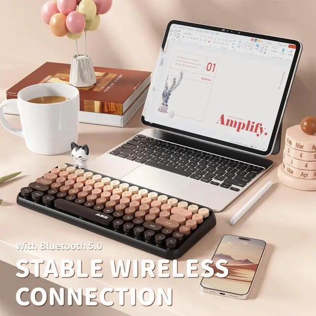 Alt view image 3 of 5 - FELICON 308i Wireless Bluetooth Keyboard, Retro Typewriter Design with Gradient Colorful Round Keycaps and Cute Magnetic Cat Doll, 84 Keys, Multi Device Keyboard for iPad/Laptop/PC/Win/Mac(Coffee)