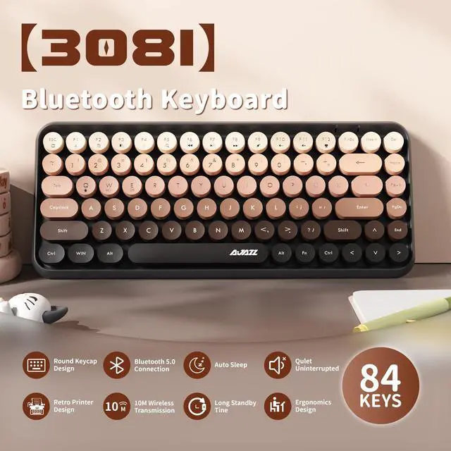 Alt view image 2 of 5 - FELICON 308i Wireless Bluetooth Keyboard, Retro Typewriter Design with Gradient Colorful Round Keycaps and Cute Magnetic Cat Doll, 84 Keys, Multi Device Keyboard for iPad/Laptop/PC/Win/Mac(Coffee)