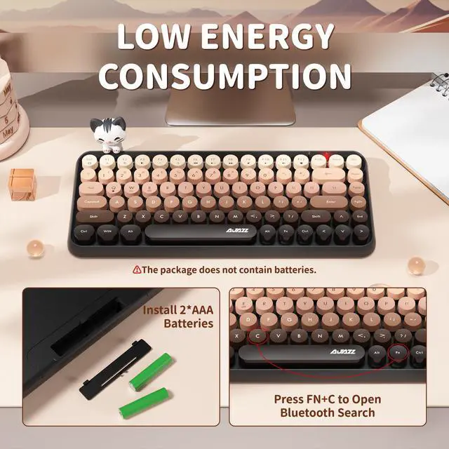 Alt view image 5 of 5 - FELICON 308i Wireless Bluetooth Keyboard, Retro Typewriter Design with Gradient Colorful Round Keycaps and Cute Magnetic Cat Doll, 84 Keys, Multi Device Keyboard for iPad/Laptop/PC/Win/Mac(Coffee)