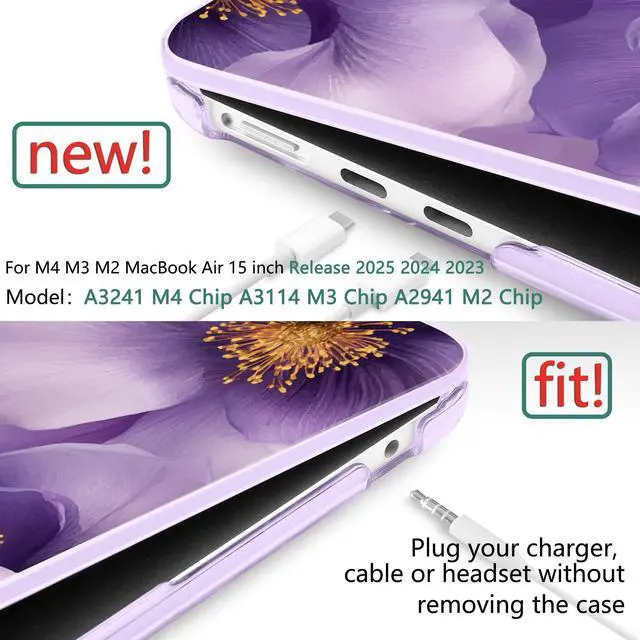 Alt view image 3 of 5 - TWOLSKOO for MacBook Air 15 inch Case 2025 2024 2023 Release M4 A3241 M3 A3114 M2 A2941, Plastic Hard Shell & Screen Protector & Keyboard Cover & Type C Adapter, Purple Flowers
