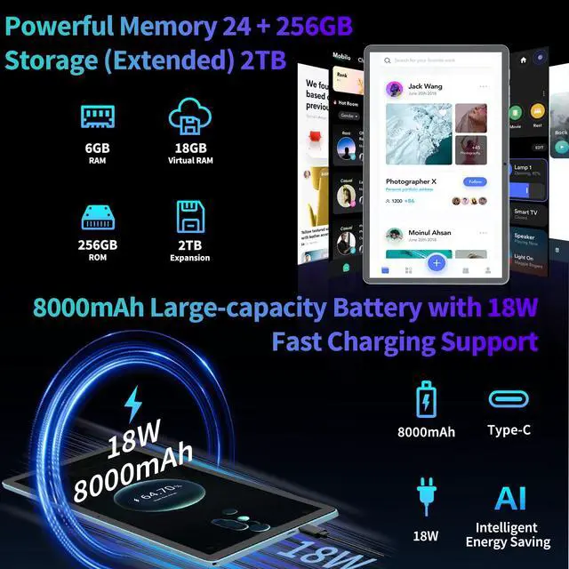 Alt view image 4 of 5 - Android 15 Tablet, 2025 Upgraded 11 inch Android Tablets with Keyboard, 24GB+256GB+2TB Expand, Support Face Unlock+18W Fast Charging, Octa-Core CPU,Dual WiFi6, Dual Camera,8000mAh Battery, Green