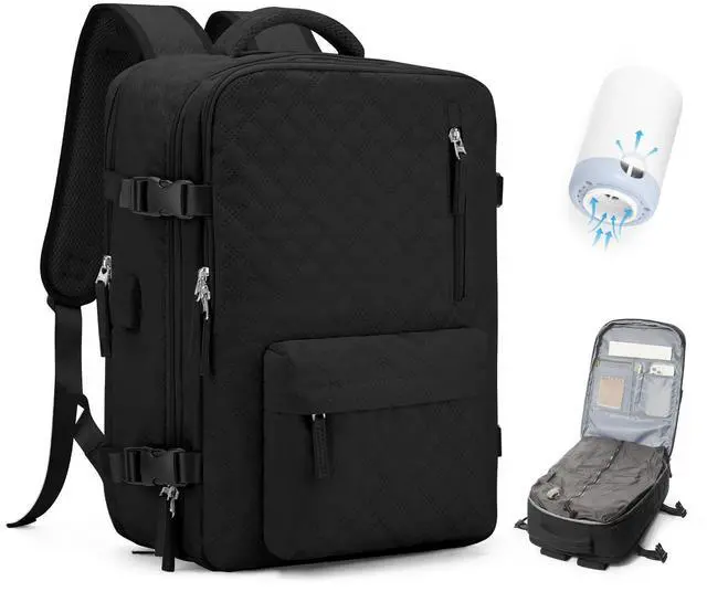 Main image of Vacuum Travel Backpack with Pump for Women, Personal Item Carry on Backpacks Flight Approved 18x14x8 inches for Men,Laptop Waterproof Work Compression bags Casual Daypack Black.