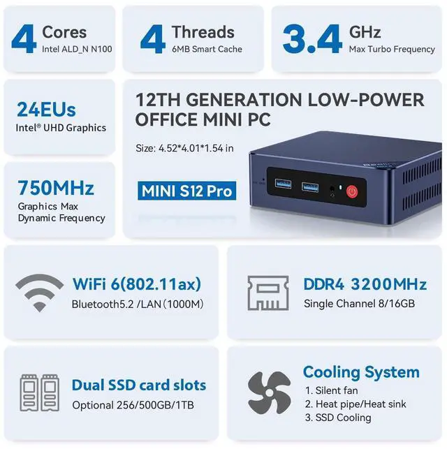 Alt view image 3 of 5 - Beelink Mini S12 Mini PC, 12th Intel Alder Lake- N95 (4C/4T, up to 3.4GHz), 8GB DDR4 256GB M.2 SSD, Mini Desktop Computer Support 4K@60Hz Dual Display/BT 5.2/WiFi 6/USB 3.2/Gigabit Ethernet