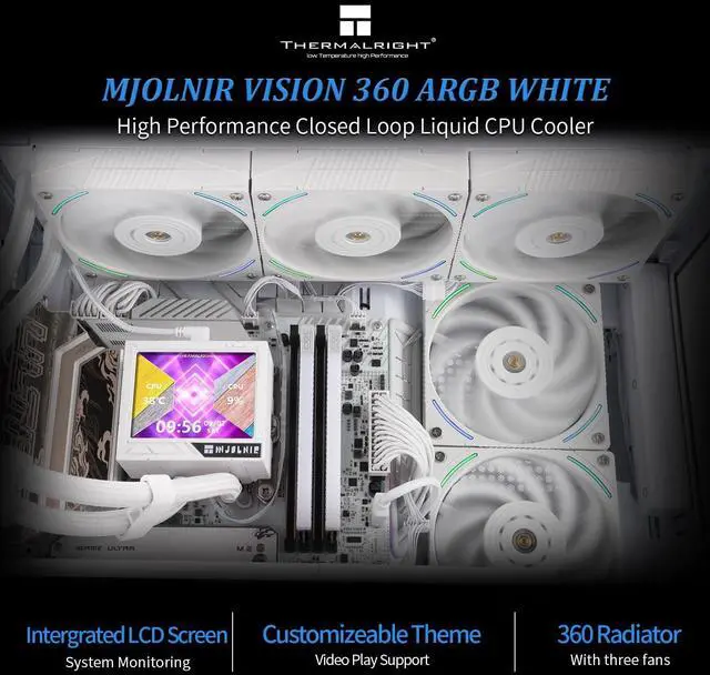 Alt view image 2 of 5 - Thermalrlght Mjolnir Vision 360 ARGB White CPU Water Cooler,3 PWM Fans Water Cooling System with 2000PRM,for AM4/AM5&Intel LGA1851/1700, Magnetic Detachable LCD Screen with 320 * 240 Resolution