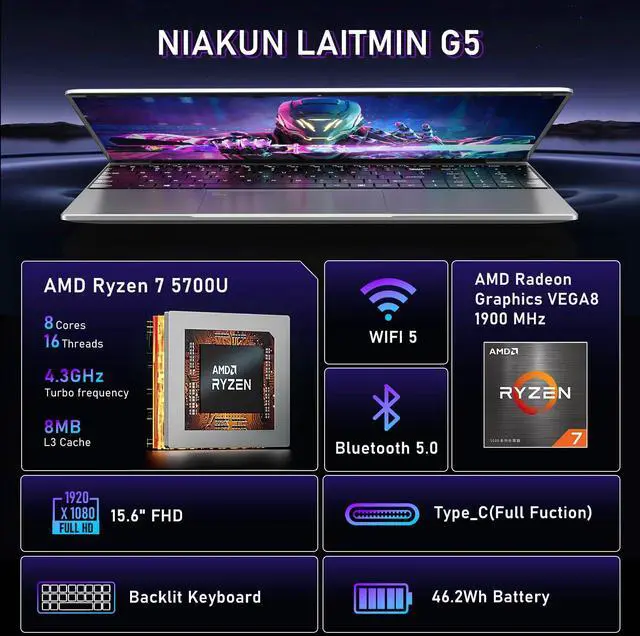 Alt view image 2 of 5 - NIAKUN Gaming Laptop,15.6 Inch Laptop Computer,AMD Ryzen 7 5700U 8C/16T Processor (up to 4.3Ghz),16GB RAM 1TB SSD,AMD Radeon Graphics,15.6 FHD 1920 * 1080 Display,WiFi 5,BT5.0,Backlit Keyboard