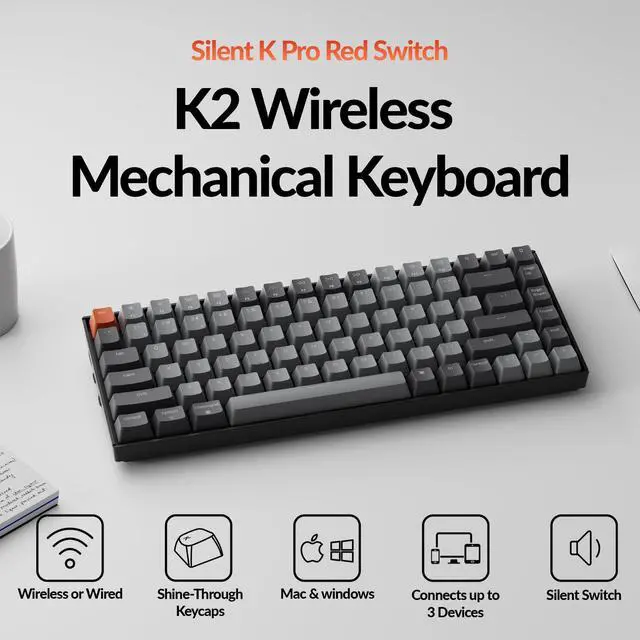 Alt view image 2 of 5 - Keychron K2 75% Layout Bluetooth Wireless Mechanical Gaming Keyboard Silent K Pro Red Switch/White LED Backlit/USB C/Anti Ghosting/N-Key Rollover, 84 Keys, for Mac Windows
