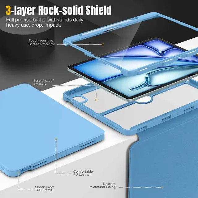 Alt view image 3 of 5 - MoKo for iPad Air 13 Inch Case M3 2025 & M2 2024 with Pencil Holder, iPad Air 13 Case [Built-in Screen Protector] with Clear Back & Magnetic Multi Angle Stand Cover, Sunny Blue