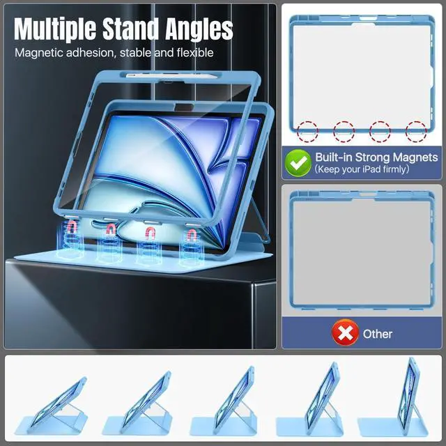 Alt view image 4 of 5 - MoKo for iPad Air 13 Inch Case M3 2025 & M2 2024 with Pencil Holder, iPad Air 13 Case [Built-in Screen Protector] with Clear Back & Magnetic Multi Angle Stand Cover, Sunny Blue