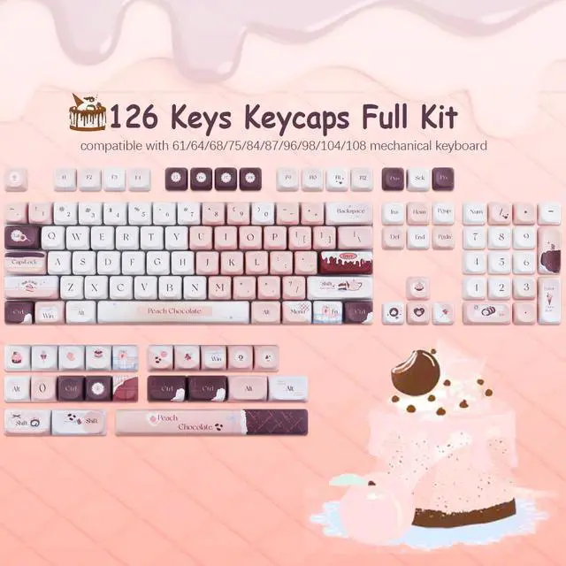 Alt view image 2 of 5 - Tsungup PBT MOA Keycaps,126 Keys Cute Pink Brown Chocolate Theme Custom Keycaps,Dye Sub Key Caps Keyboard Keycap Set for MX Switches Mechanical